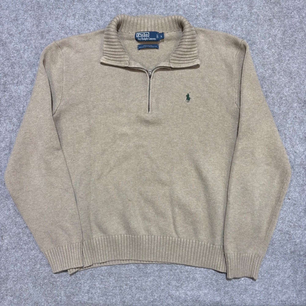 Polo Ralph Lauren Mens Tan Beige 100% Cotton Quarter Zip Sweater Size Large